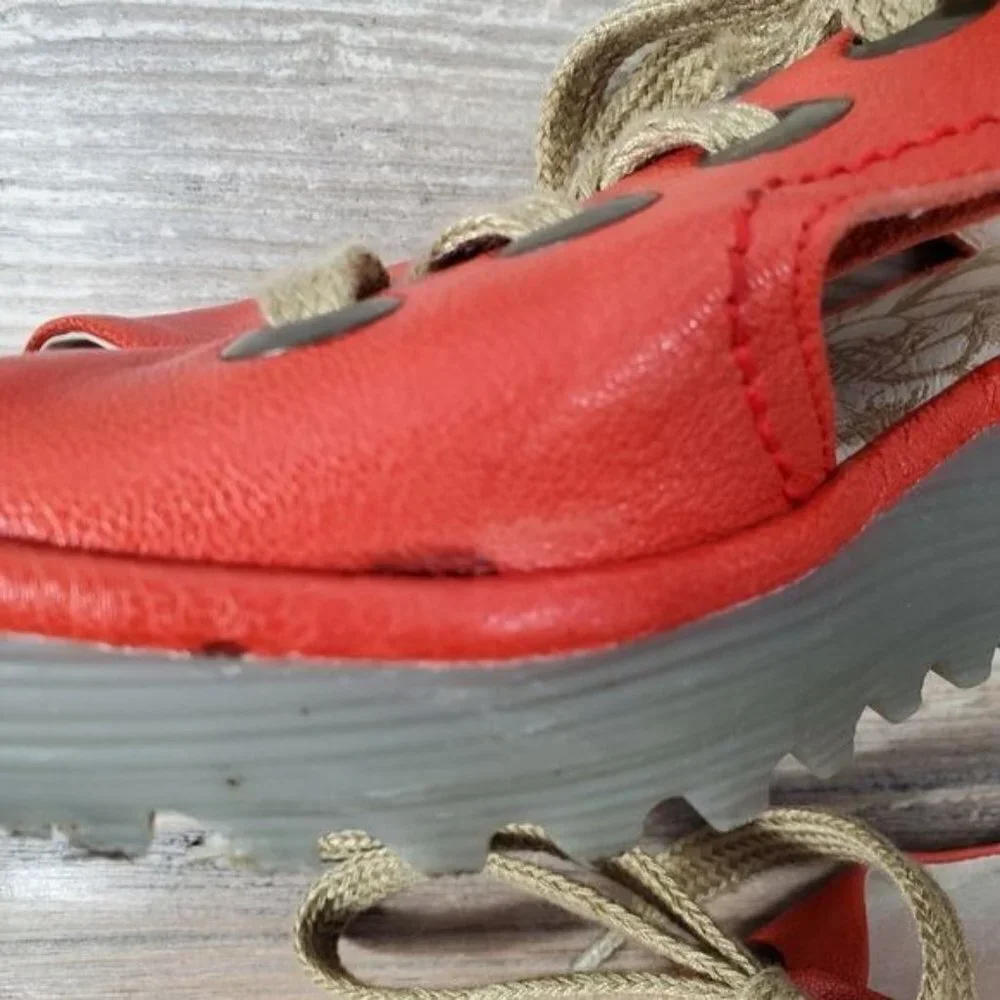 Fly London Women's Wedge Shoe Ylfa Red Lace Up Sandal Sz 8-8.5M EU 39